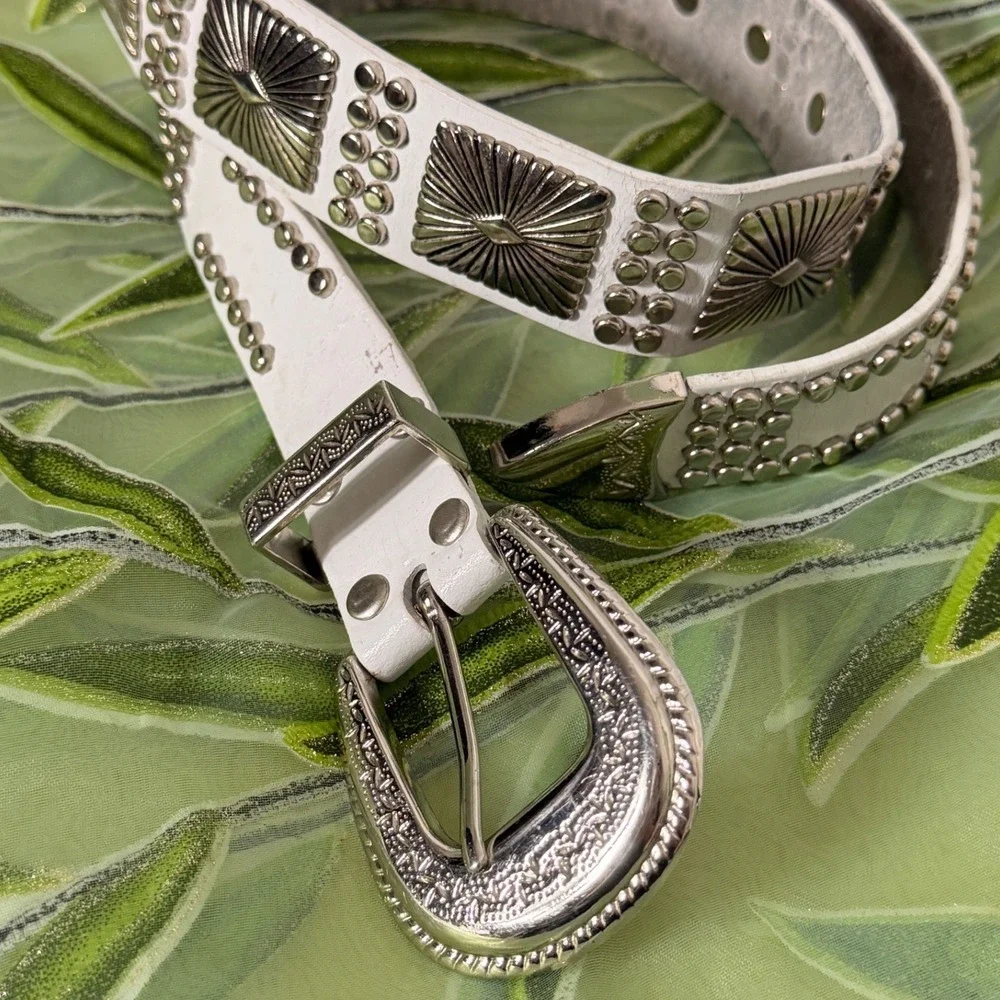 White Faux Leather Western Studded Concho Belt Silver Engraved Buckle ML